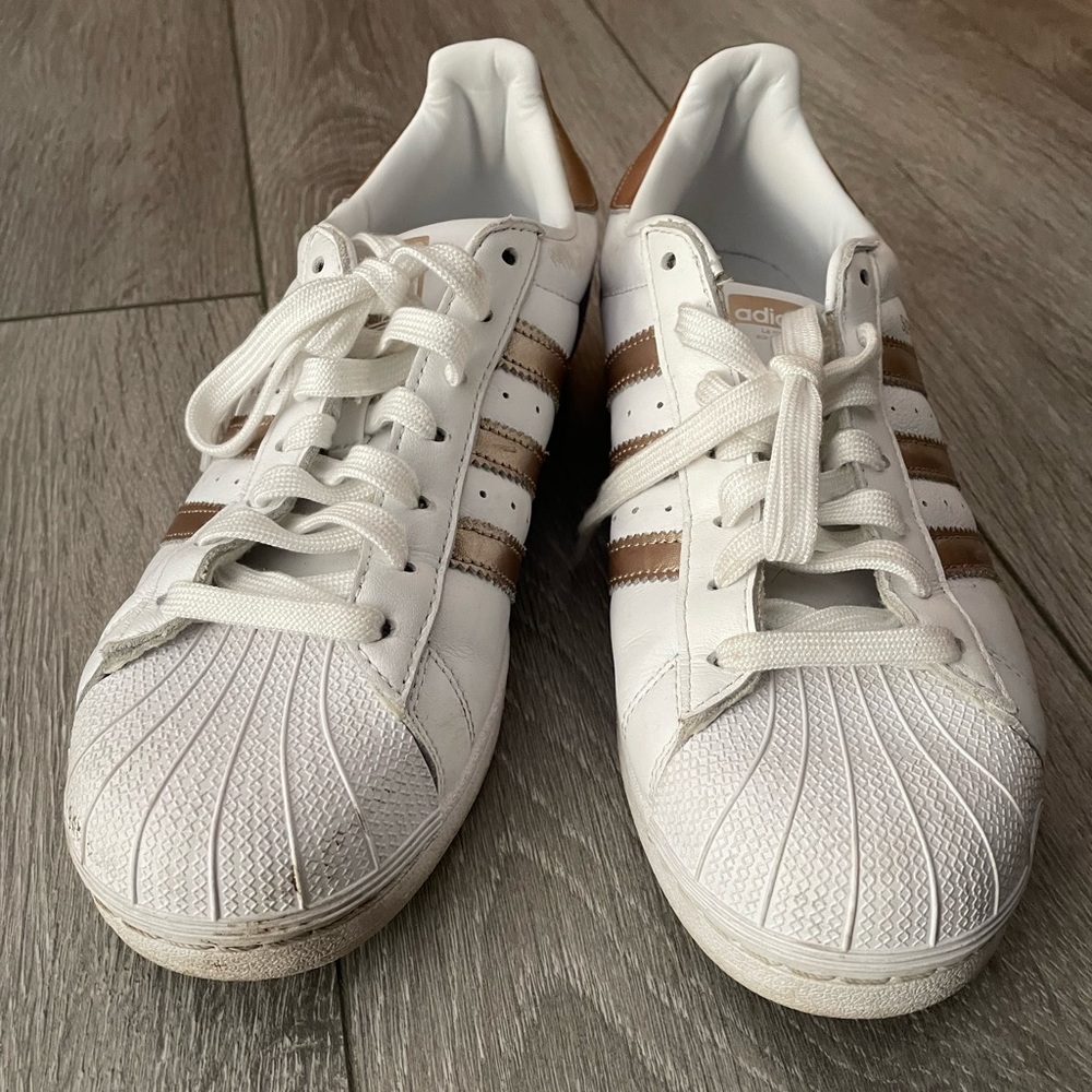 White and Gold Adidas Superstars